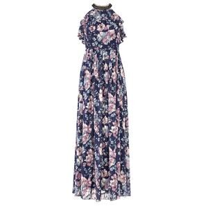 Marchesa Notte Maxi Dress Blue Floral Ruffle Halter Crochet Back